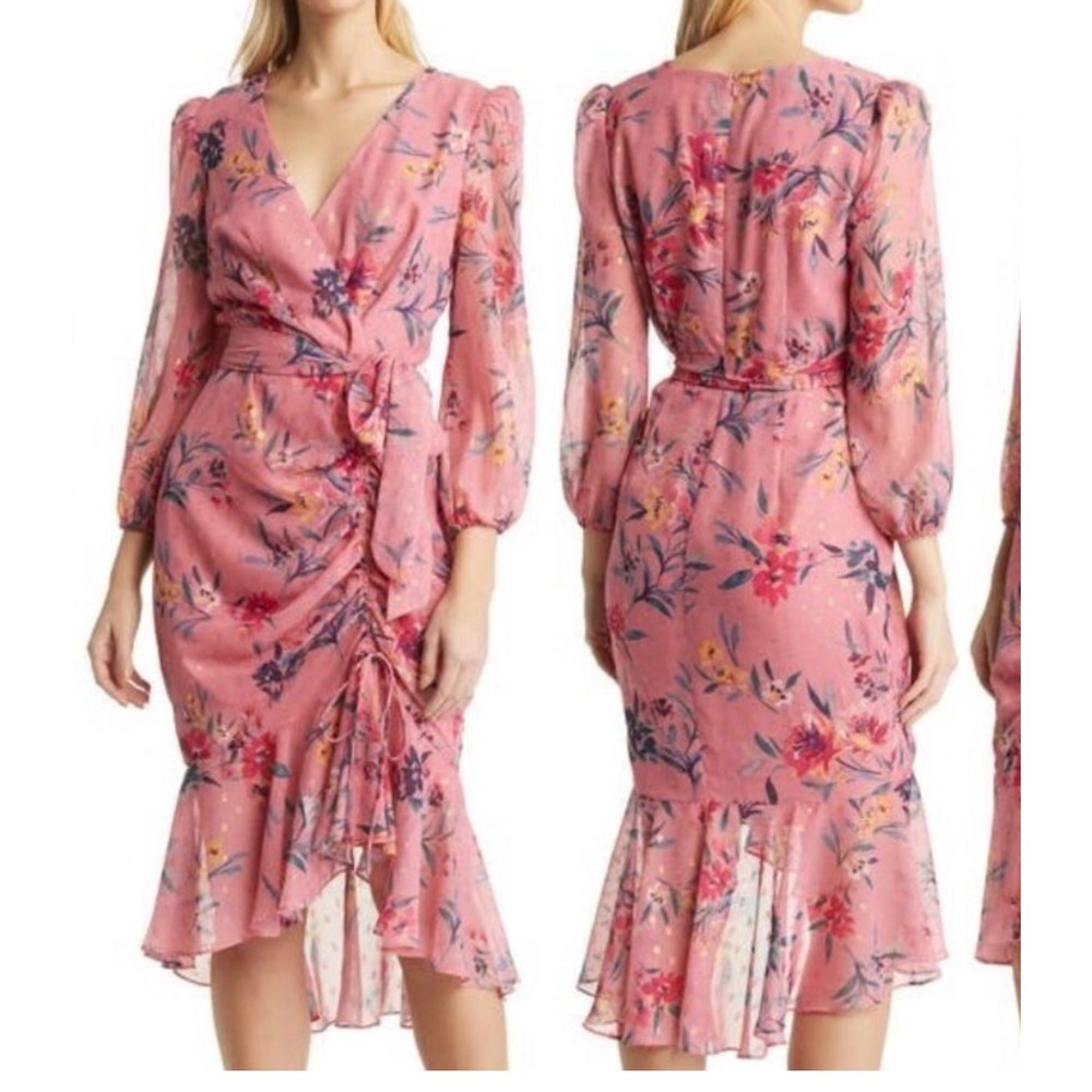 Eliza J Pink Fleck Floral Print Long Sleeve Bodycon dress pink multi boho Size 4